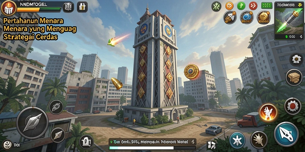 Screenshot menunjukkan gameplay menegangkan NDMTOGEL dalam Tower Defense.