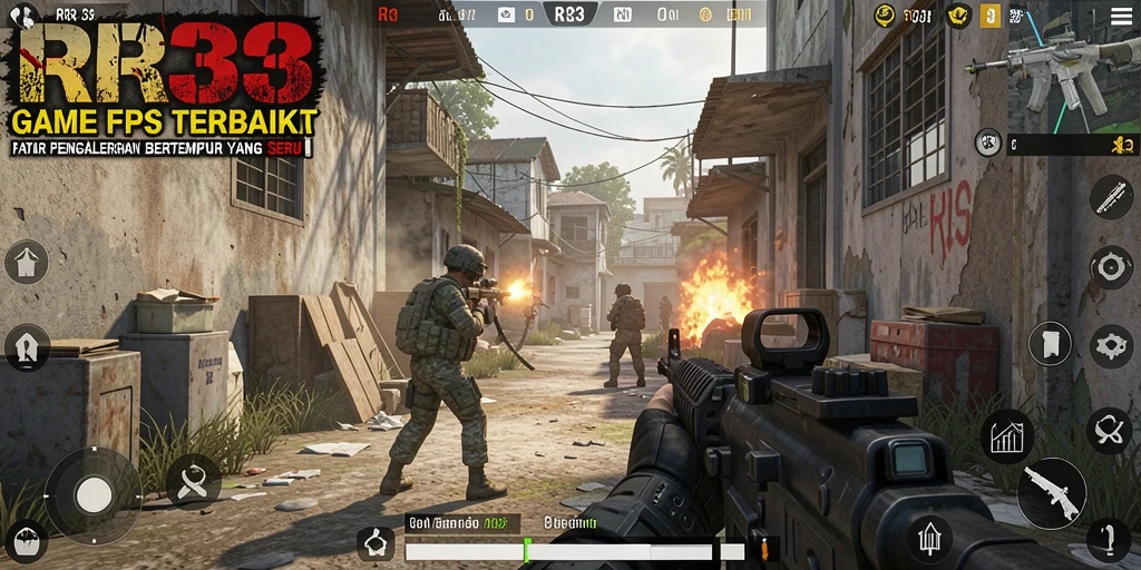 Screenshot gameplay RR33 dengan aksi tembak-menembak yang intens.